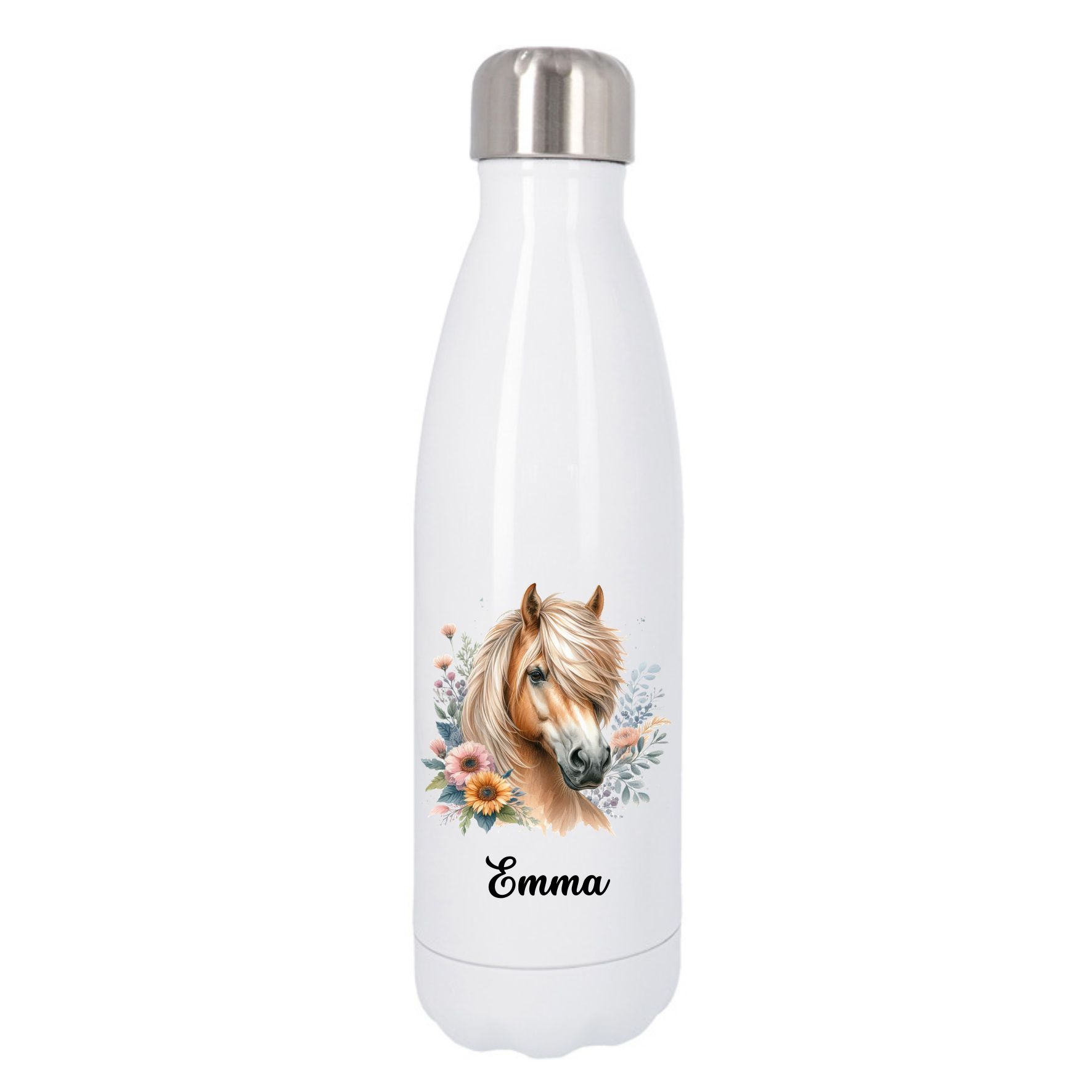 Gourde personnalisée isotherme 500 ml – Portrait de cheval & décor floral aquarelle – Image 3