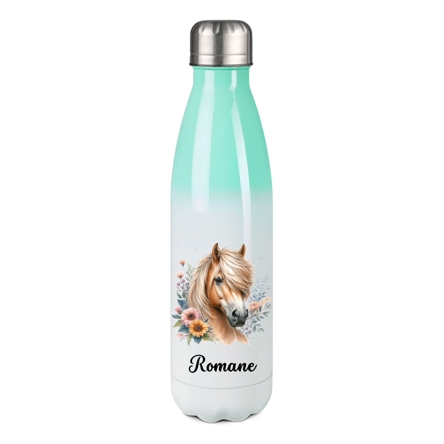 Gourde personnalisée isotherme 500 ml – Portrait de cheval & décor floral aquarelle – Image 4
