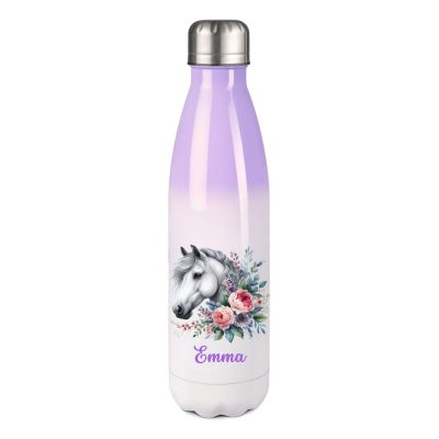 Gourde personnalisée isotherme 500 ml – Portrait de cheval & décor floral aquarelle